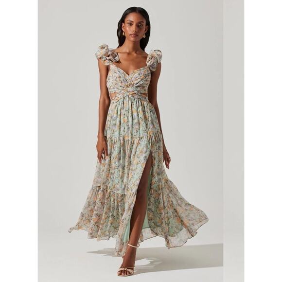 New ASTR the label Fritillaria Maxi Dress Multi Print Floral Green Size Small - Picture 1 of 8